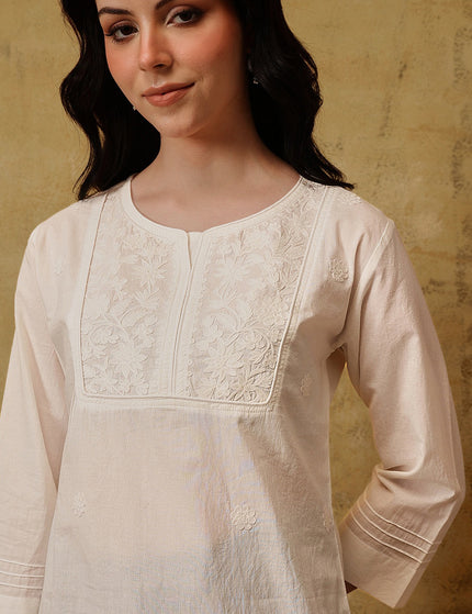 Qazmi Women's Pure Cotton Kashmiri Aari Work White Kurti