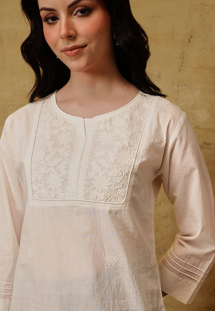 Qazmi Women's Pure Cotton Kashmiri Aari Work White Kurti
