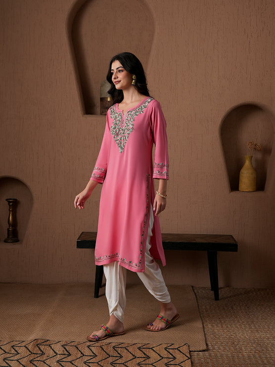 Qazmi Women's Mahsa Kashmiri Aari Work Straight Kurta