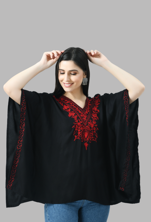 Qazmi  V-Neck Flared Sleeves Aari Work Kaftan Kurti