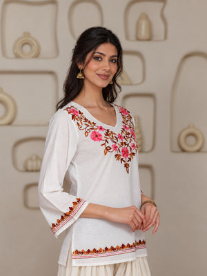 Qazmi Women's Nafisa Kashmiri Aari Work V-Neck Blue Kurti