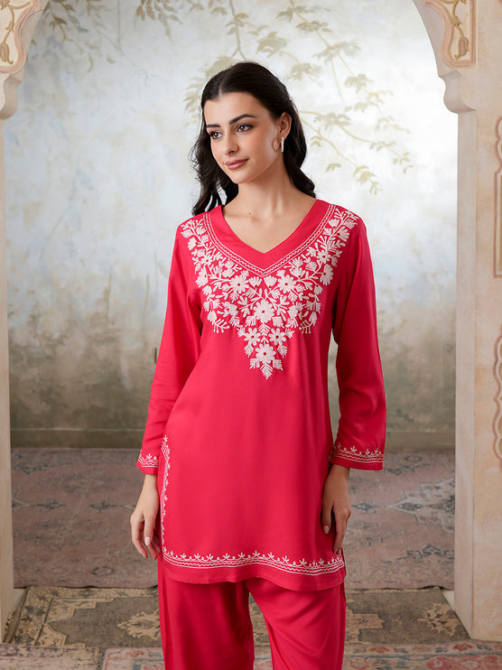 Qazmi Women's Kashmiri Aari Work Navy Blue CoOrd Set