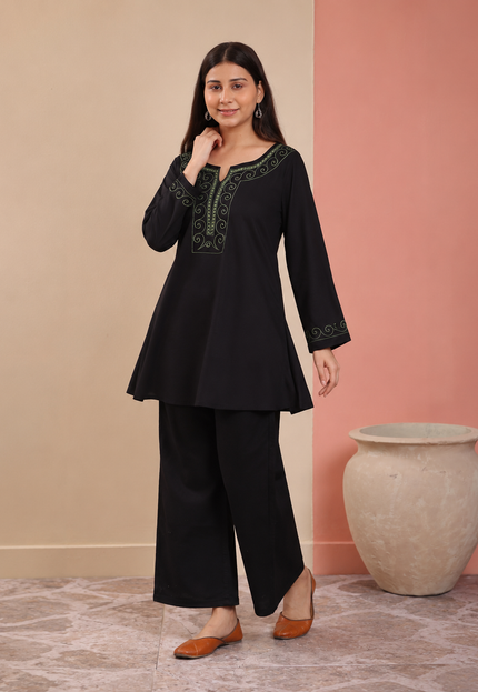 Qazmi Women Aari Embroidered Viscose Rayon A-Line Short Kurti with Full Sleeves