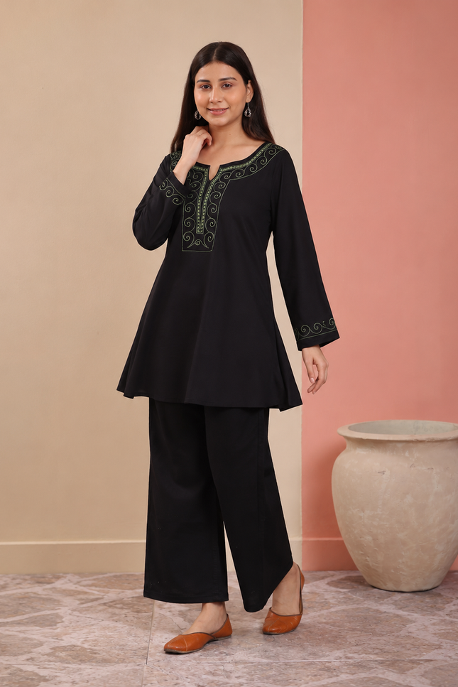 Qazmi Women Aari Embroidered Viscose Rayon A-Line Short Kurti with Full Sleeves