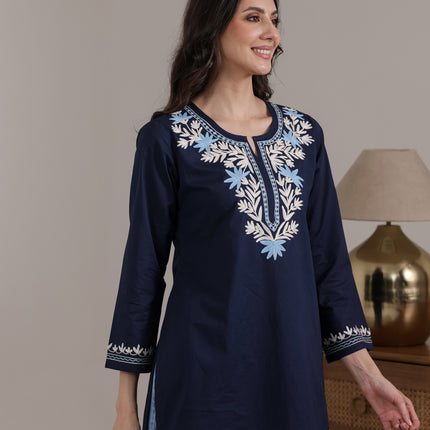 Qazmi Women Aari Embroidered Pure Cotton Short Kurta with Full Sleeves