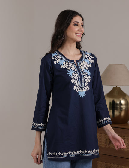 Qazmi Women Aari Embroidered Pure Cotton Short Kurta with Full Sleeves