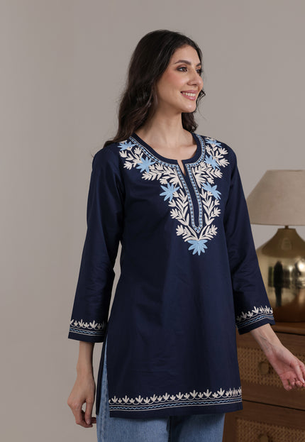 Qazmi Women Aari Embroidered Pure Cotton Short Kurta with Full Sleeves