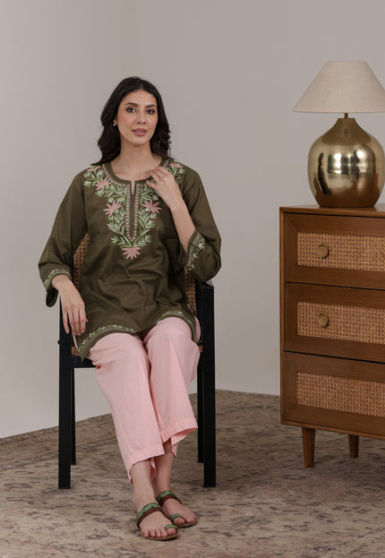Qazmi Women Aari Embroidered Pure Cotton Short Kurta with Full Sleeves