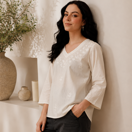 Qazmi Women's Raisa Kashmiri Aari Work V-Neck White Kurti