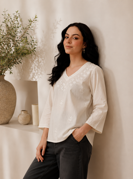 Qazmi Women's Raisa Kashmiri Aari Work V-Neck White Kurti