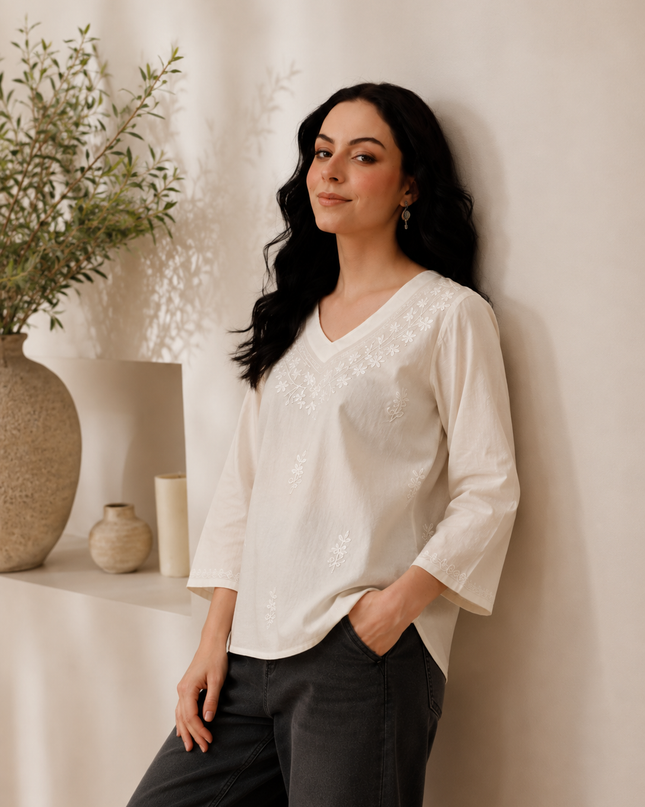 Qazmi Women's Raisa Kashmiri Aari Work V-Neck White Kurti