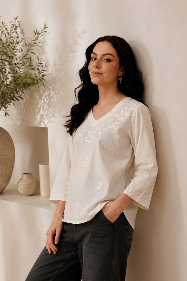 Qazmi Women's Raisa Kashmiri Aari Work V-Neck White Kurti