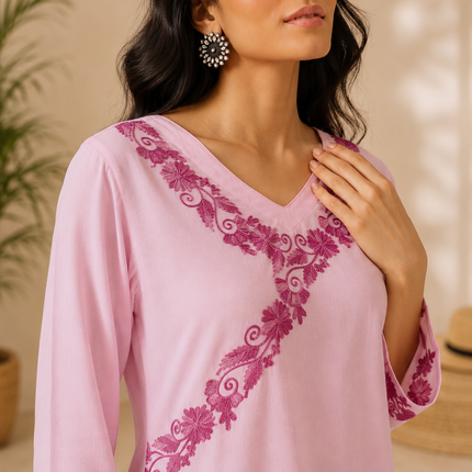 Qazmi Women's Jina V-Neck Kashmiri Aari Work Full Sleeves Kurti