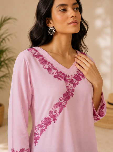 Qazmi Women's Jina V-Neck Kashmiri Aari Work Full Sleeves Kurti