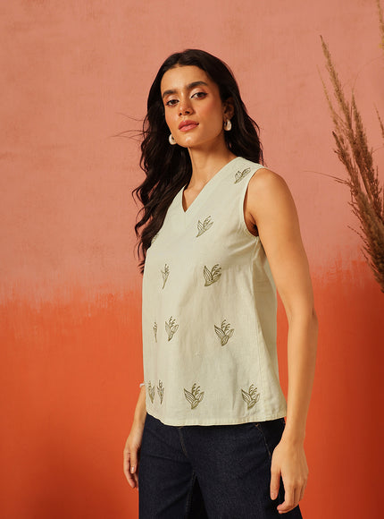 Qazmi Women's Aari Work Sleeveless Peplum Cotton Kurti