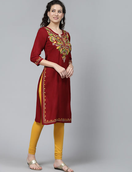 Maroon Multi-Design Aari Long Kurti For Women