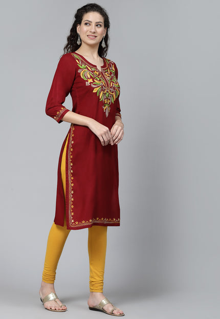 Maroon Multi-Design Aari Long Kurti For Women