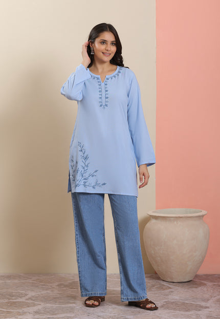 Qazmi Women's Aari Embroidered Pure Cotton Short Kurta