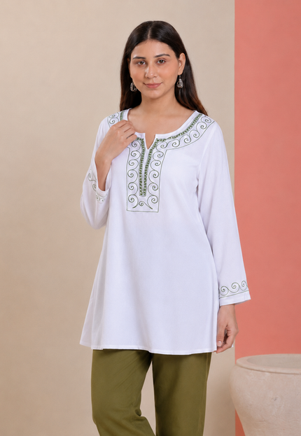 Qazmi Women Aari Embroidered Viscose Rayon A-Line Short Kurti with Full Sleeves