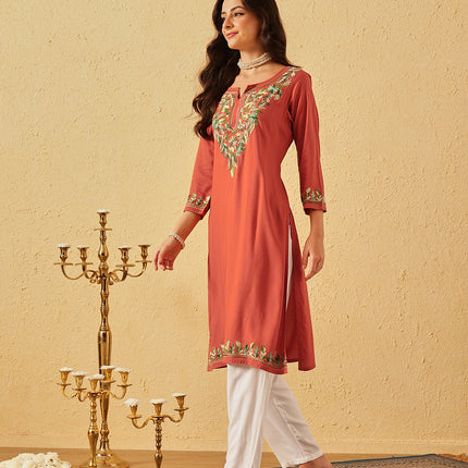 Qazmi Women's Noor Kashmiri Aari Work Straight Kurta