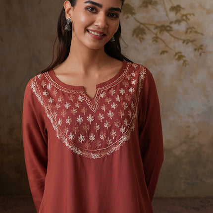 Qazmi Women's Azra Kashmiri A-Line Full Sleeves Viscose Rayon Short Kurti