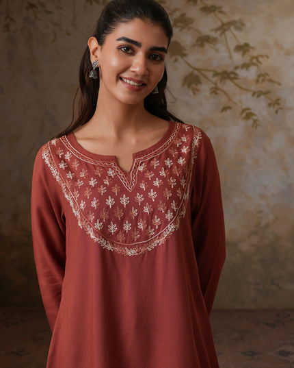Qazmi Women's Azra Kashmiri A-Line Full Sleeves Viscose Rayon Short Kurti