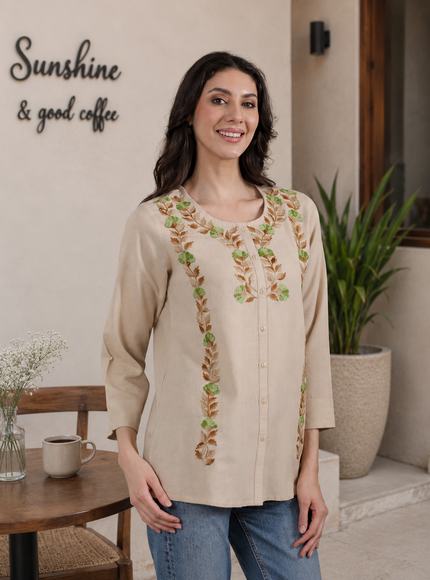 Qazmi Women Aari Embroidered Cotton Linen Buttoned Top