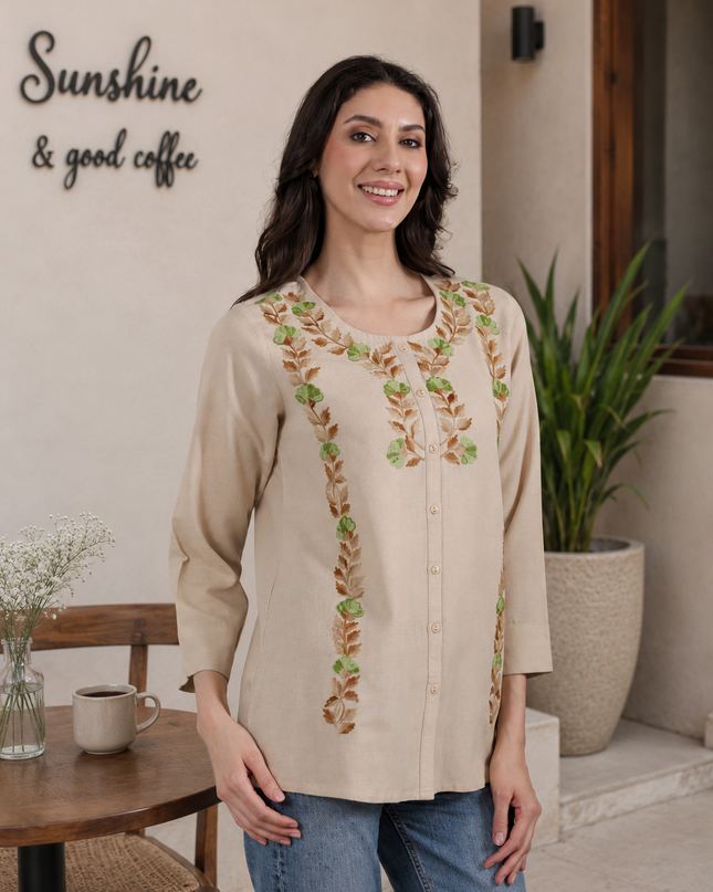 Qazmi Women Aari Embroidered Cotton Linen Buttoned Top