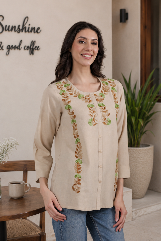 Qazmi Women Aari Embroidered Cotton Linen Buttoned Top