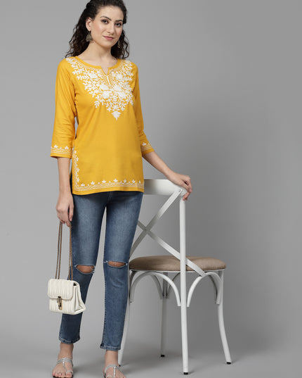 Musturd White Aari Short Kurti For Women