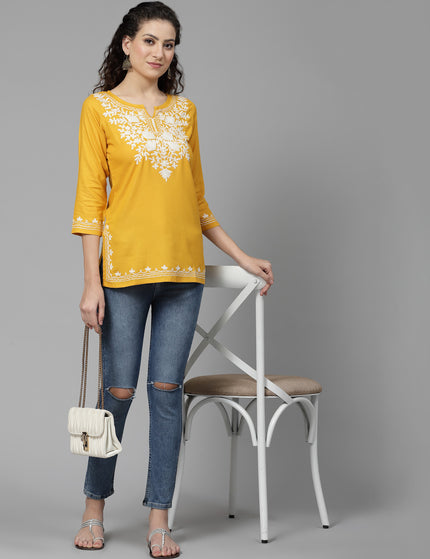 Musturd White Aari Short Kurti For Women