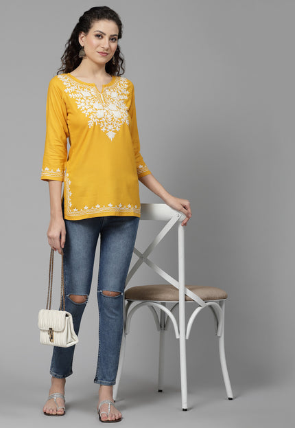 Musturd White Aari Short Kurti For Women
