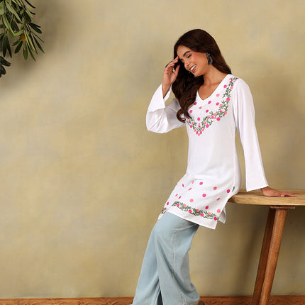 Qazmi Women's Aari Embroidered Viscose Rayon Full Sleeves Straight Kurti