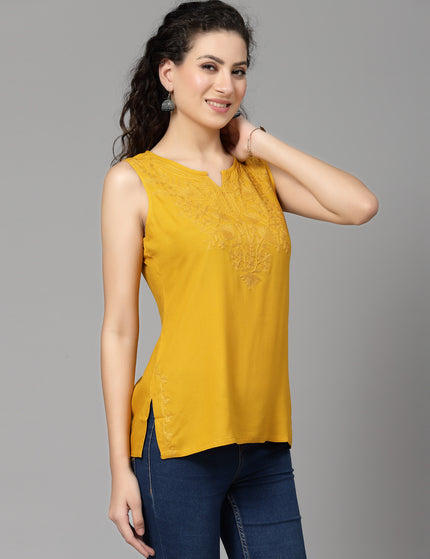 Mustard Self Sleeveless Aari Short Kurti For Women