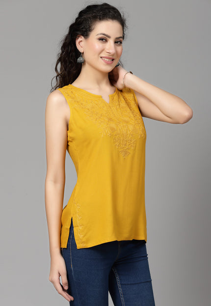 Mustard Self Sleeveless Aari Short Kurti For Women