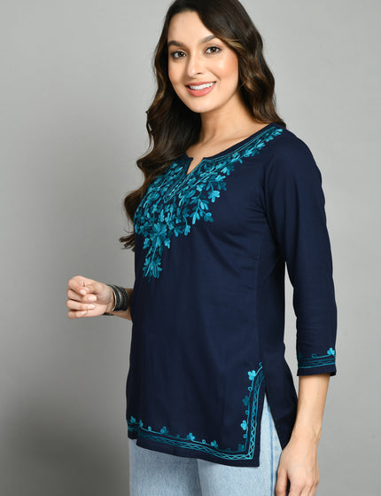 Blue Rama Green Aari Short Kurti For Women