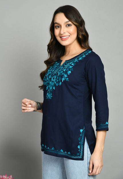 Blue Rama Green Aari Short Kurti For Women