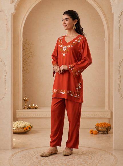 Qazmi Women's Aari Work V-Neck Black CoOrd Set