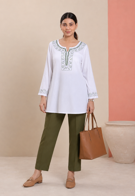 Qazmi Women Aari Embroidered Viscose Rayon A-Line Short Kurti with Full Sleeves