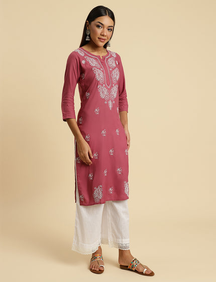 Light Wine Chikan Long Kurti For Women