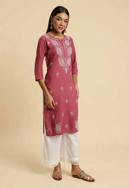 Light Wine Chikan Long Kurti For Women