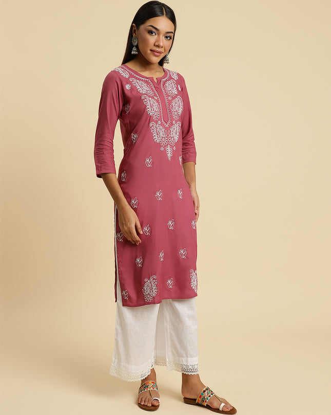 Light Wine Chikan Long Kurti For Women