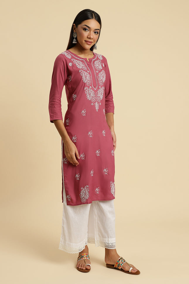 Light Wine Chikan Long Kurti For Women