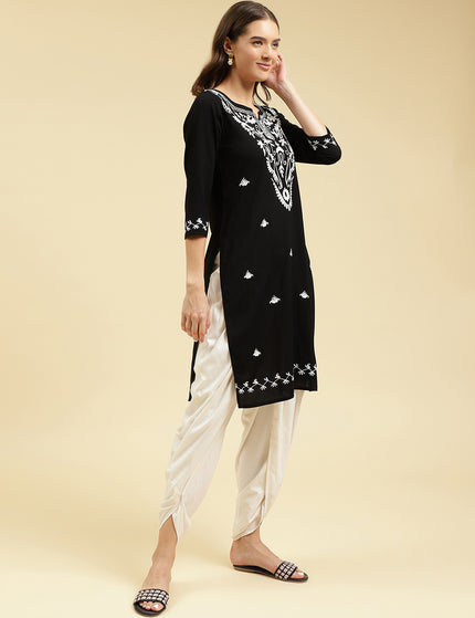 Black Off White Boota Aari Long Kurti For Women