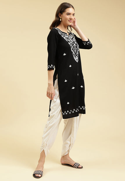 Black Off White Boota Aari Long Kurti For Women