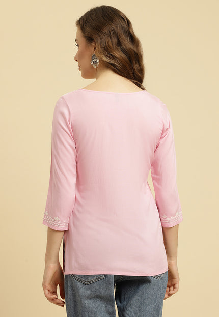 Light Pink Aari Short Kurti For Women