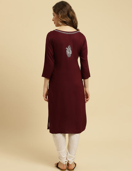 Wine ChikanKari Long Kurti Kurti For Women