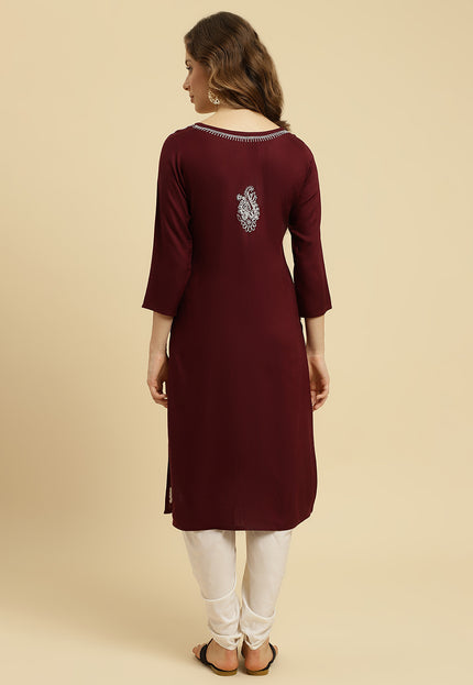 Wine ChikanKari Long Kurti Kurti For Women
