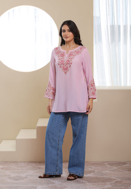 Qazmi Women Aari Embroidered Viscose Rayon A-Line Short Kurti with Full Sleeves