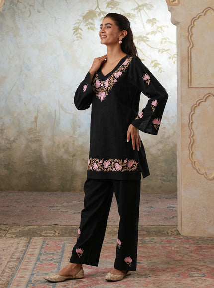 Qazmi Women's Kashmiri Chinarkari Work Olive Green CoOrd Set